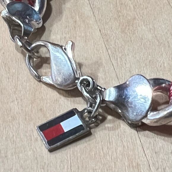 Tommy Hilfiger Red White Gingham Check Ribbon Chainlink Bracelet Logo Charm - Picture 4 of 8
